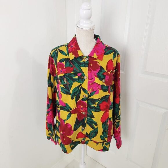 Tahari Jacket Womens 1X Yellow Pink Bright Floral Linen Resort Cruise Tropical - Picture 12 of 12